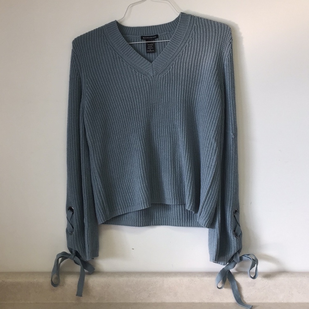 Blush and Bloom Blue Ribbon Sleeve Sweater Sz L